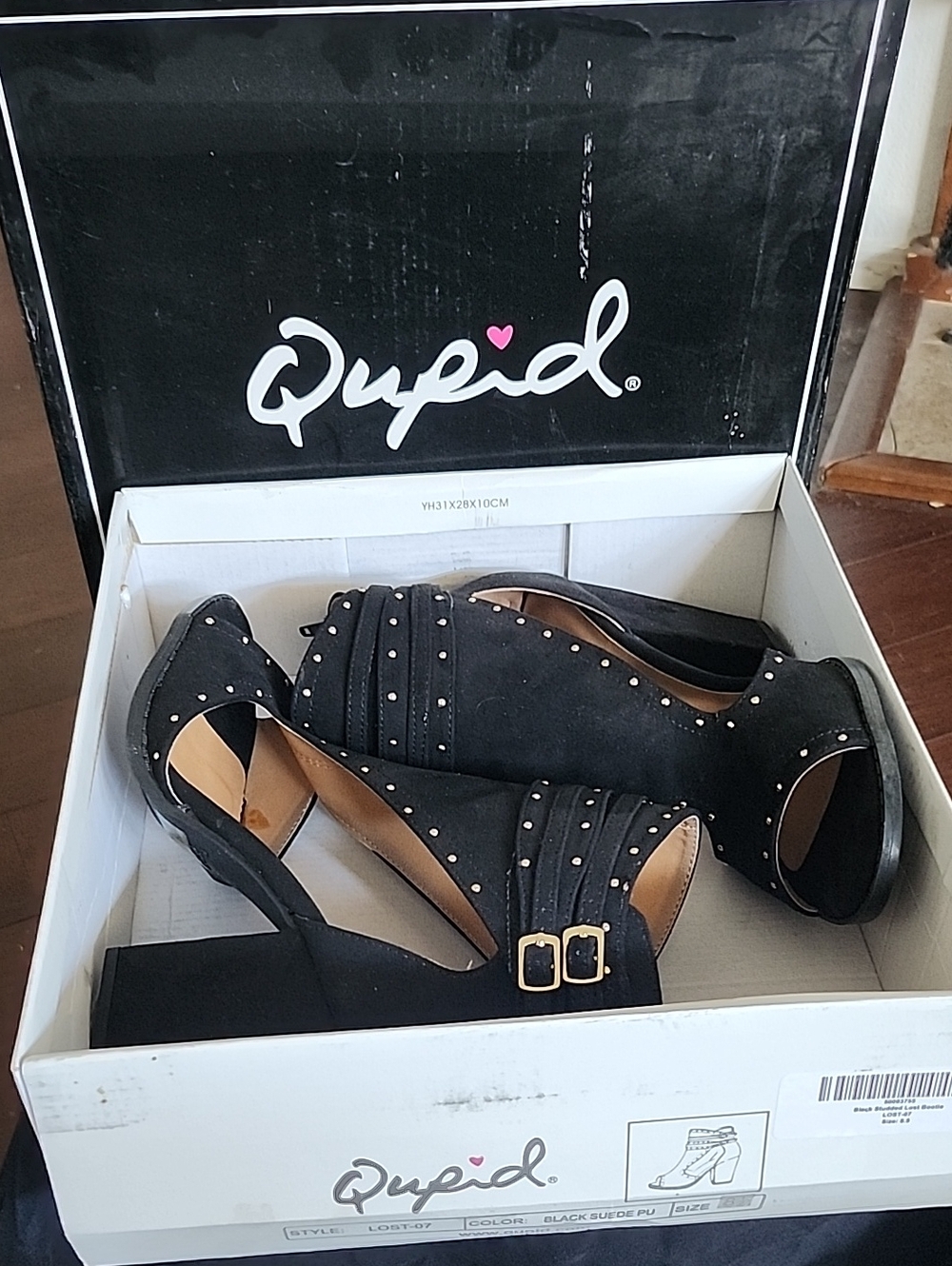 Cupid Black Studded Block Heel Sandals with Buckle Accent